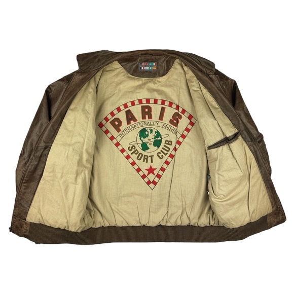 Paris Sport Club Sz Medium Brown Leather Bomber Jacket Front Pockets Fully Lined - Picture 15 of 16